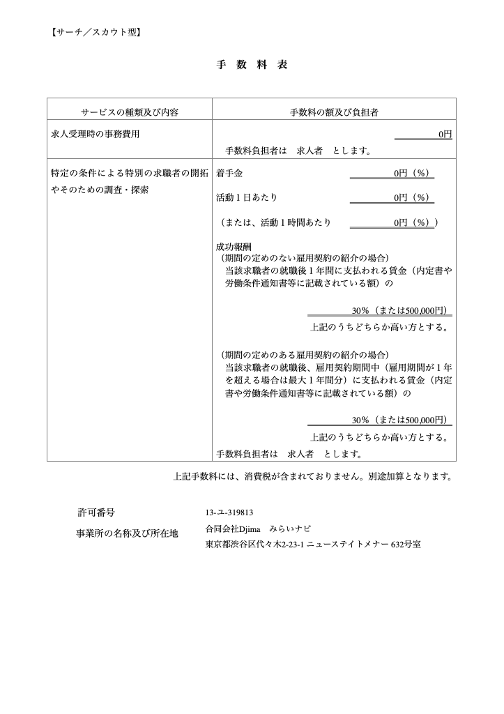 サーチ／スカウト型の手数料表。求人受付時の事務費用0円、成功報酬は賃金の30%または50万円。